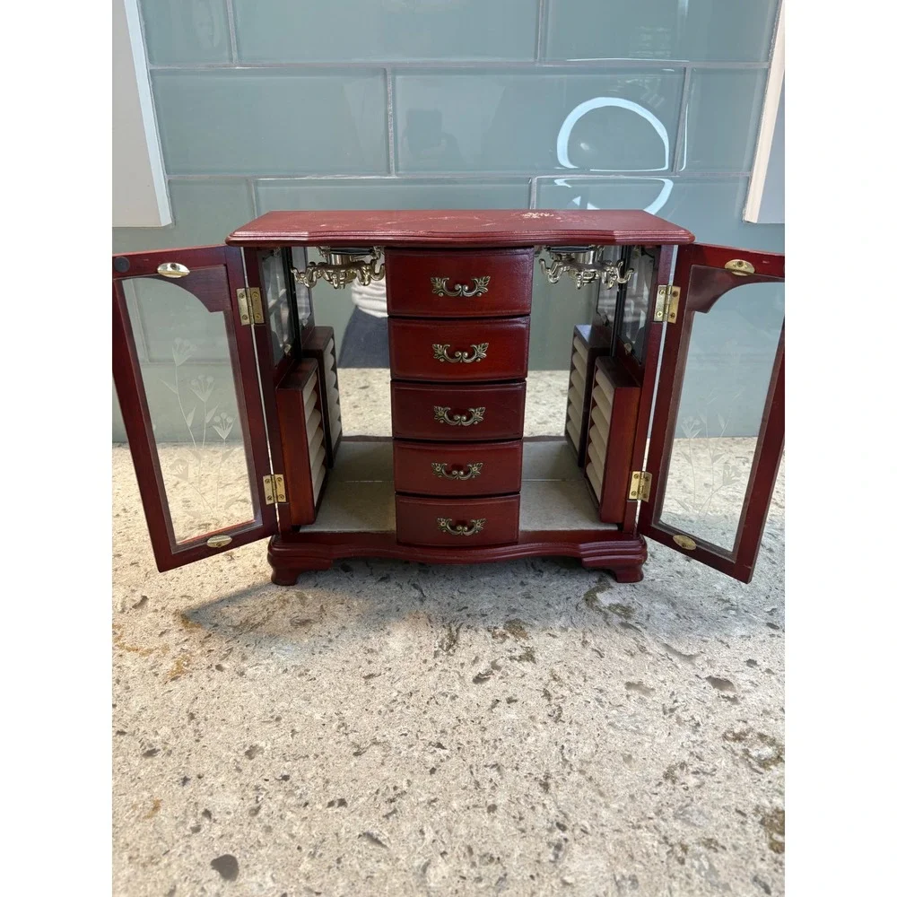 Vintage Wooden Jewelry Armoire Cherry Finish Etched Glass 5 Drawers Mirror Box